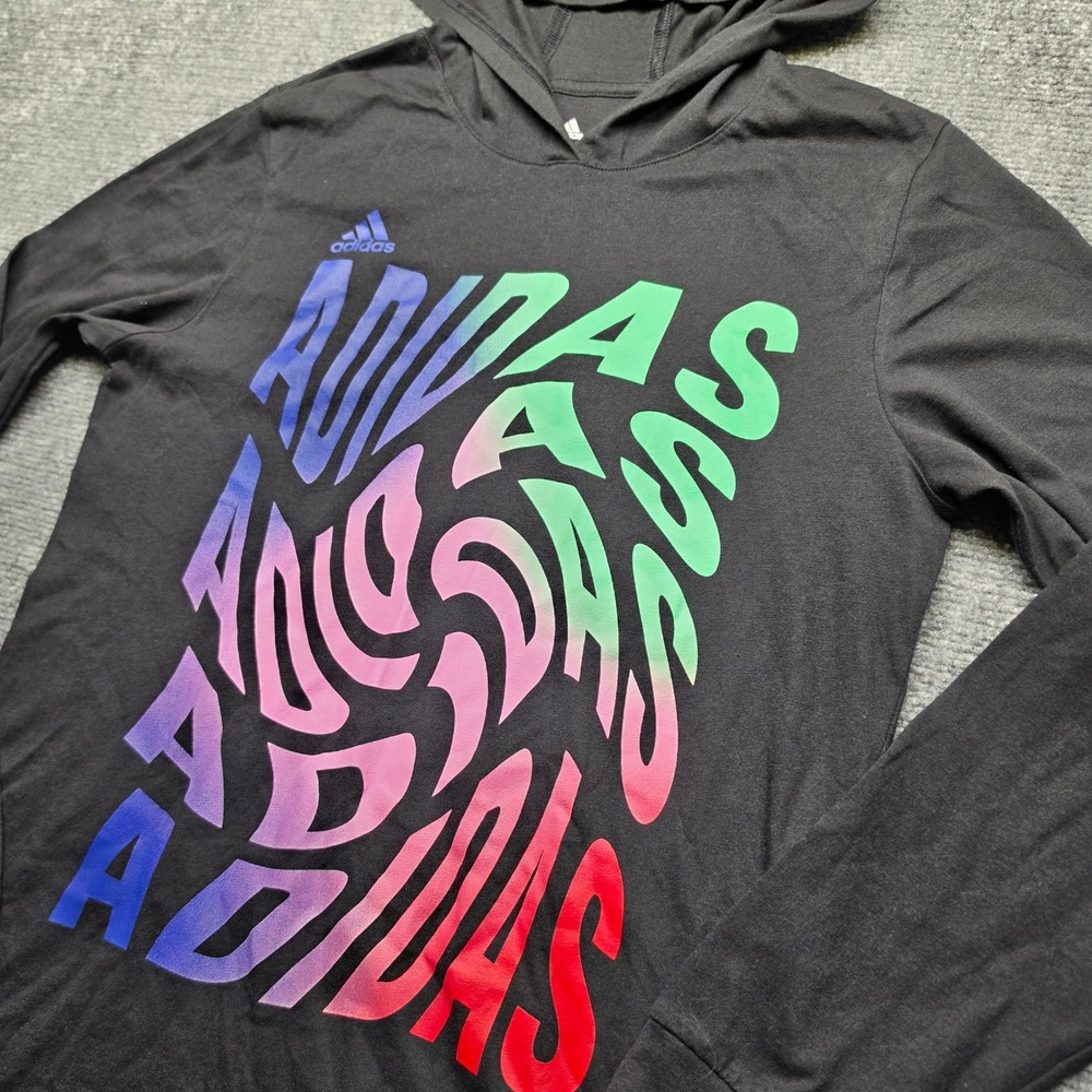 Adidas Kids Black Rainbow Wavy Graphic Long Sleeve Hooded Tee Shirt Large 14/16